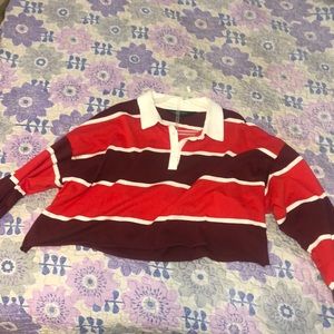 Long sleeve red, burgundy and white crop top button up with collar.